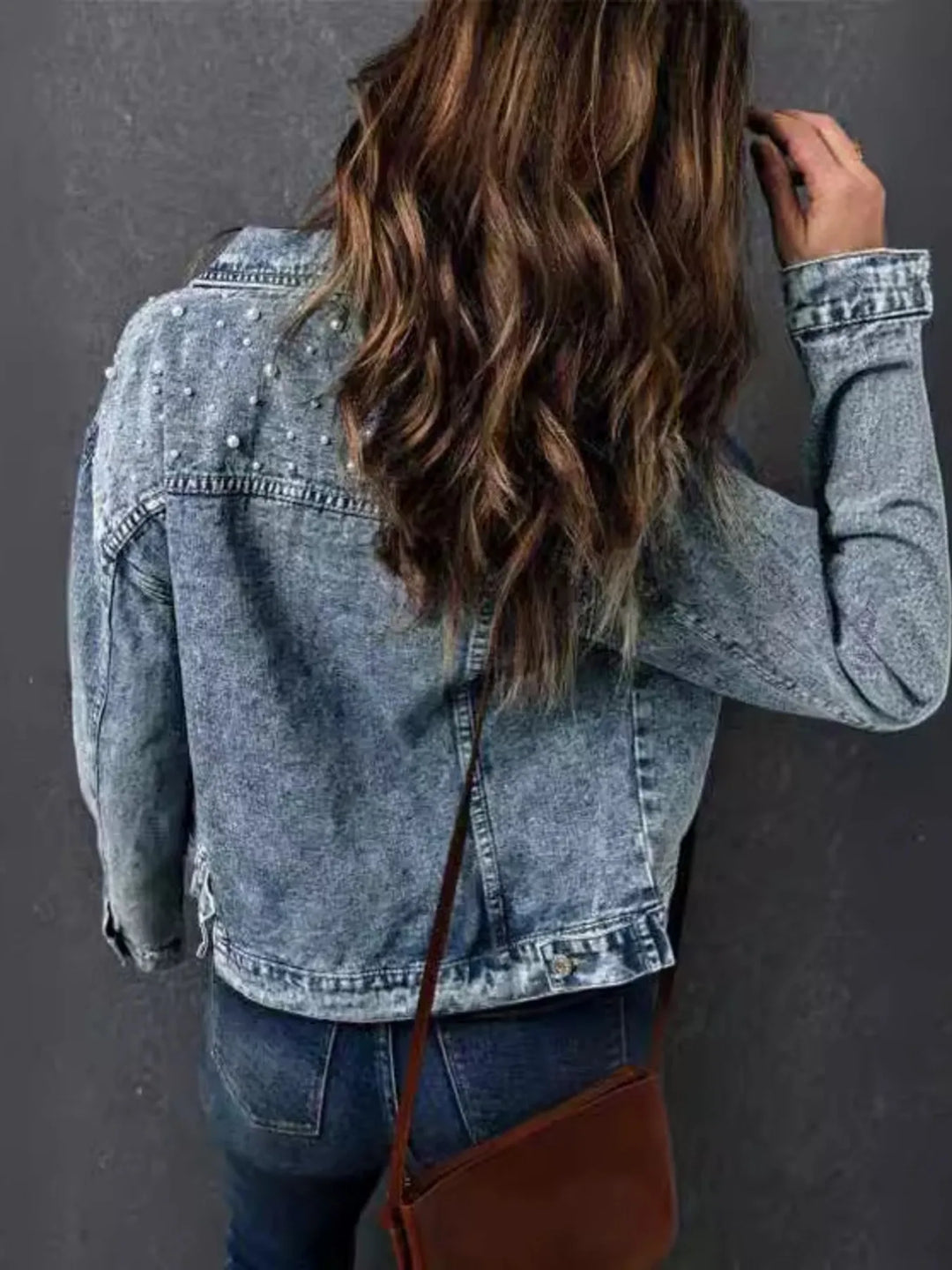 Pearl-detail button-up long sleeve denim jacket