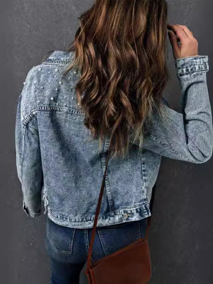 Pearl-detail button-up long sleeve denim jacket