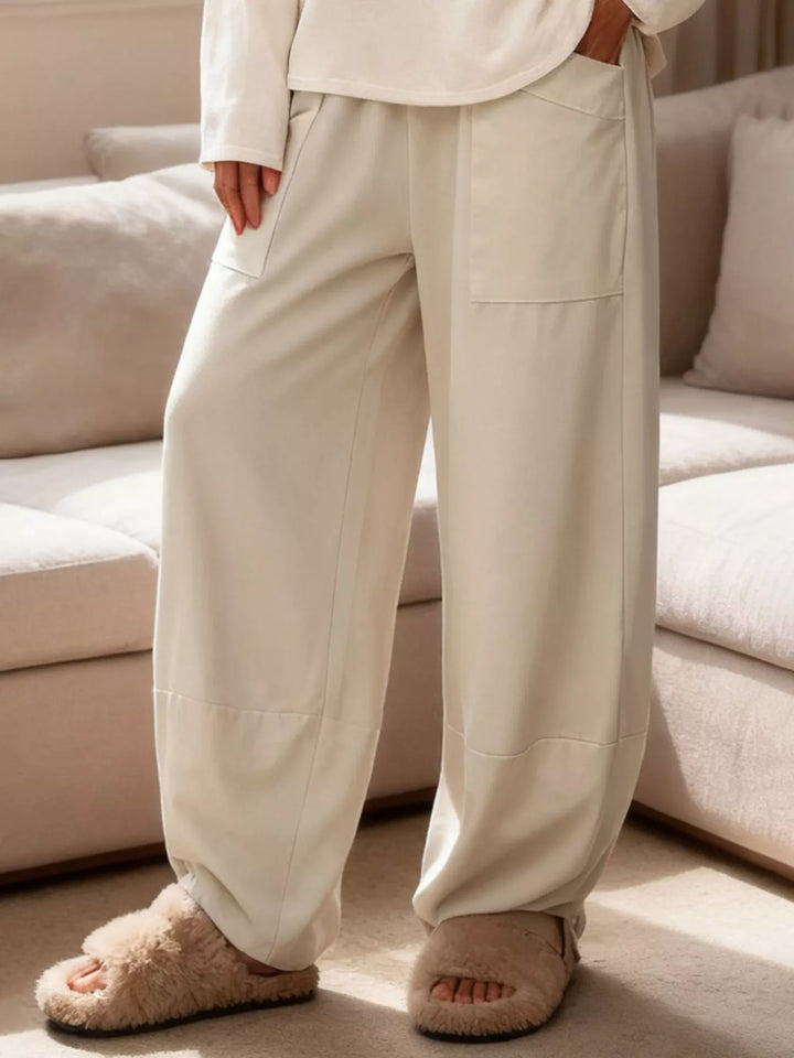 Cream Plus size wide-leg lounge pants with patch pockets