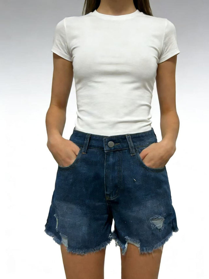 Dark Blue Distressed high-rise denim shorts with frayed raw hem