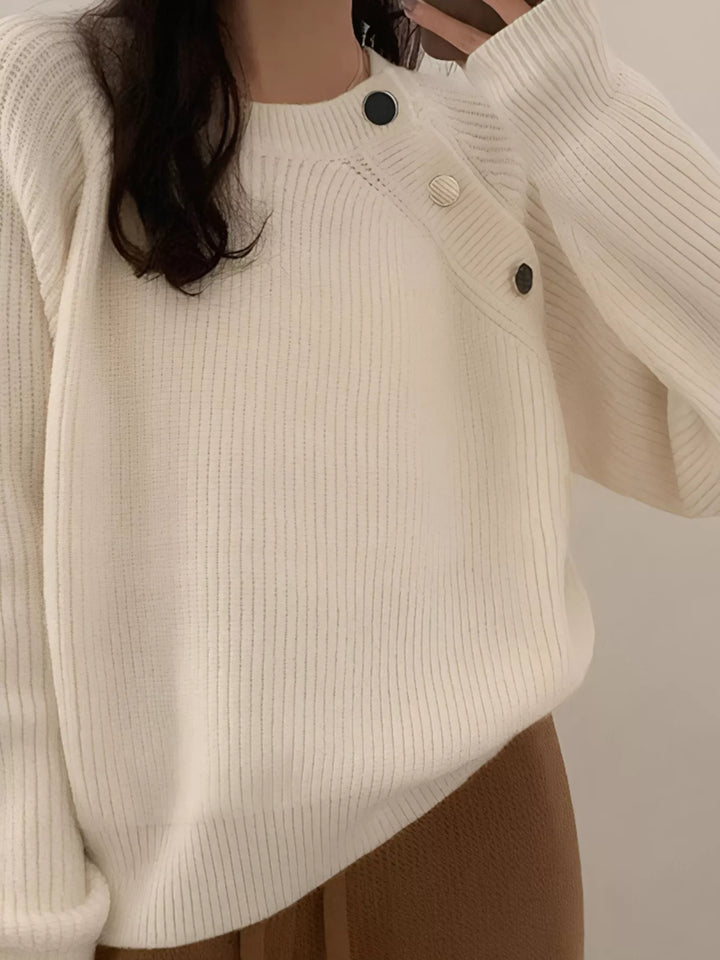 Ribbed knit round neck sweater with shoulder button detail