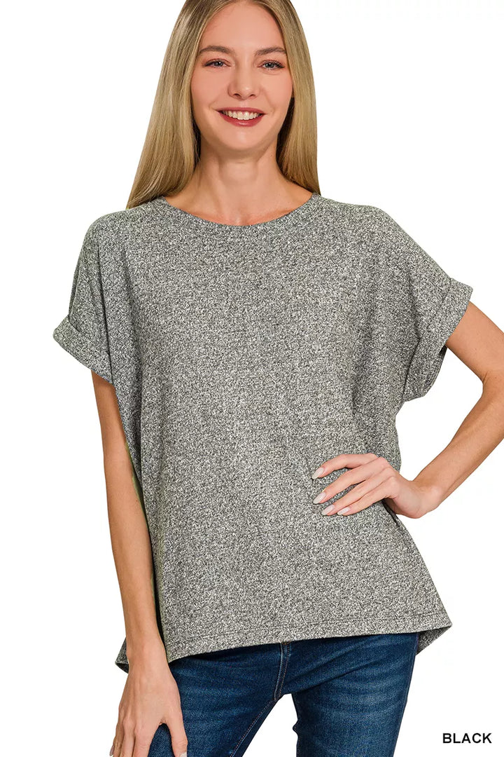 BLACK Melange hacci knit crew neck short sleeve top