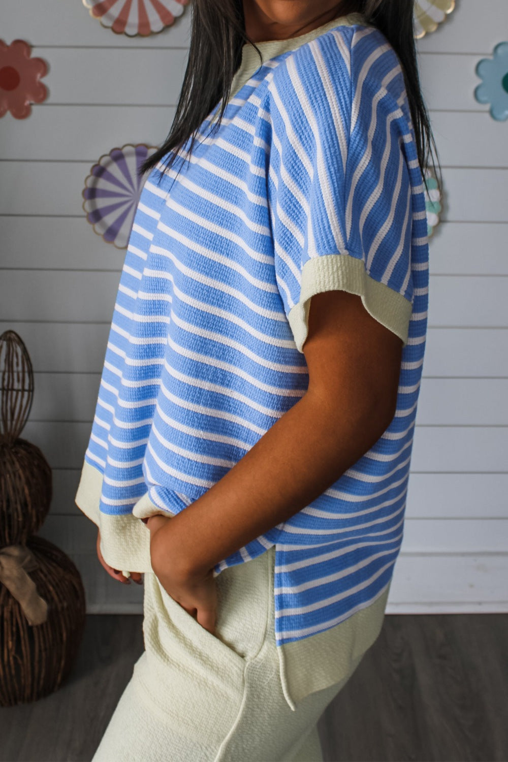 Striped short-sleeve V-neck top with contrast trim