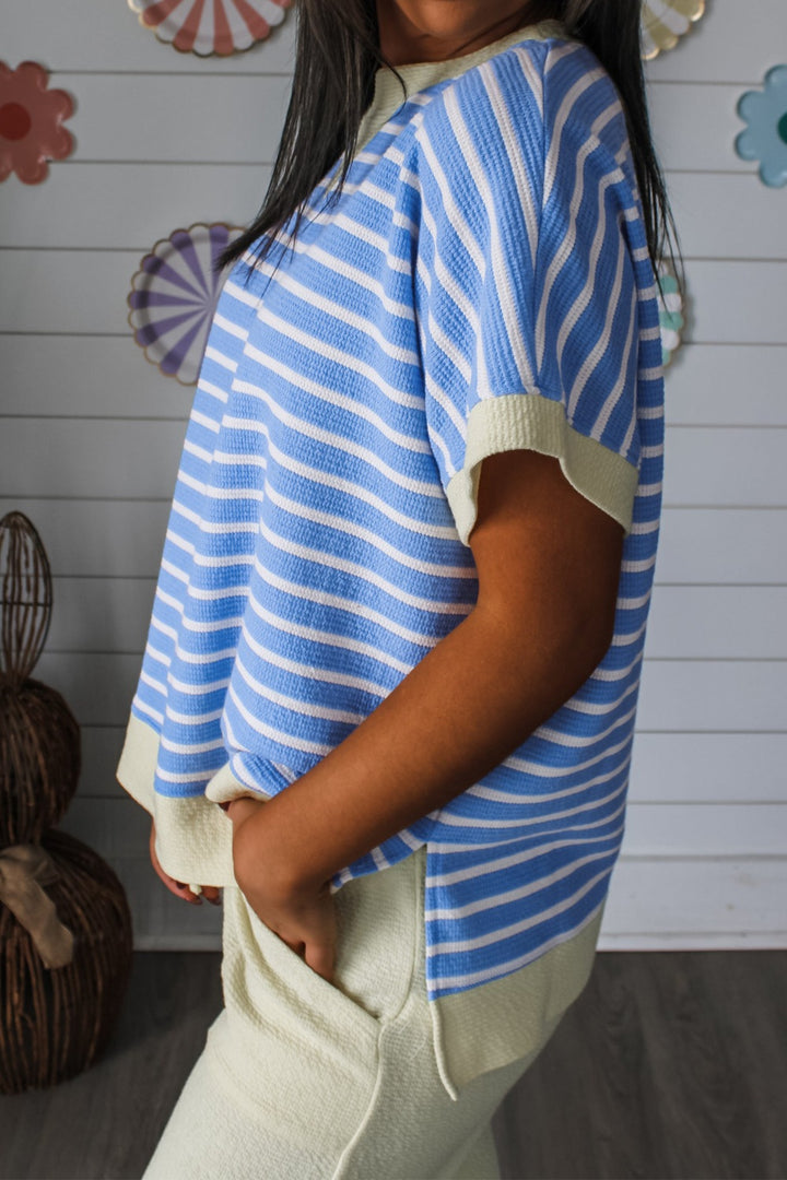 Striped short-sleeve V-neck top with contrast trim