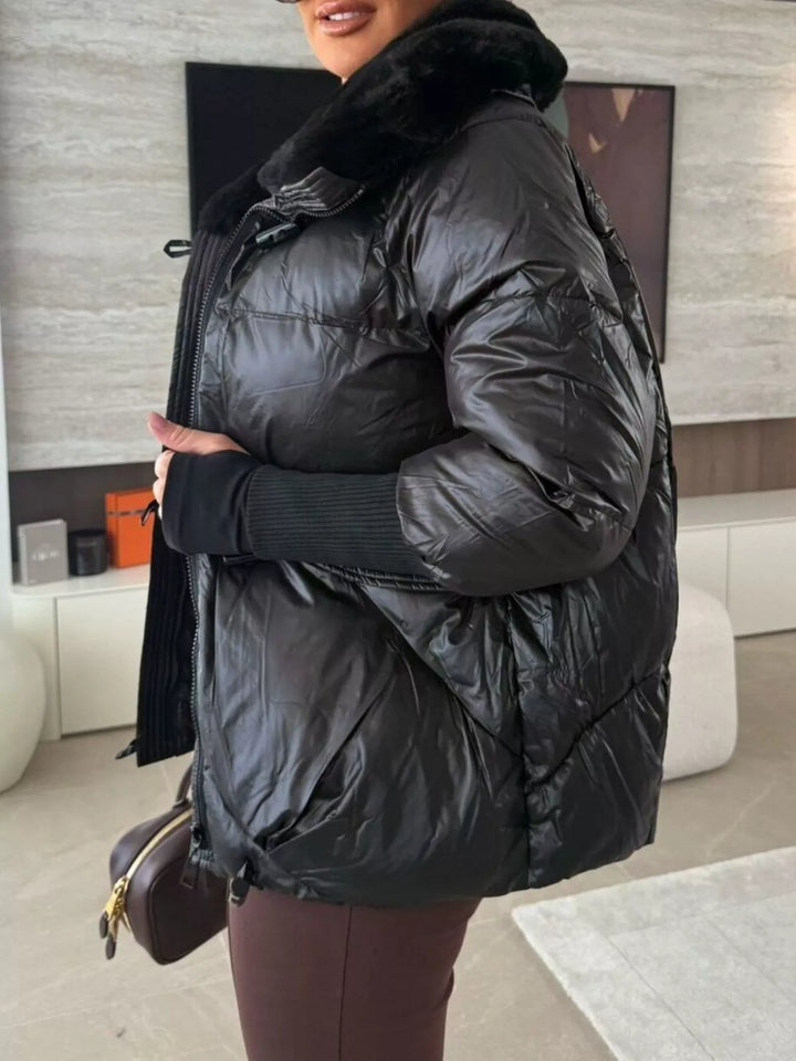 Glossy padded puffer jacket with faux fur collar