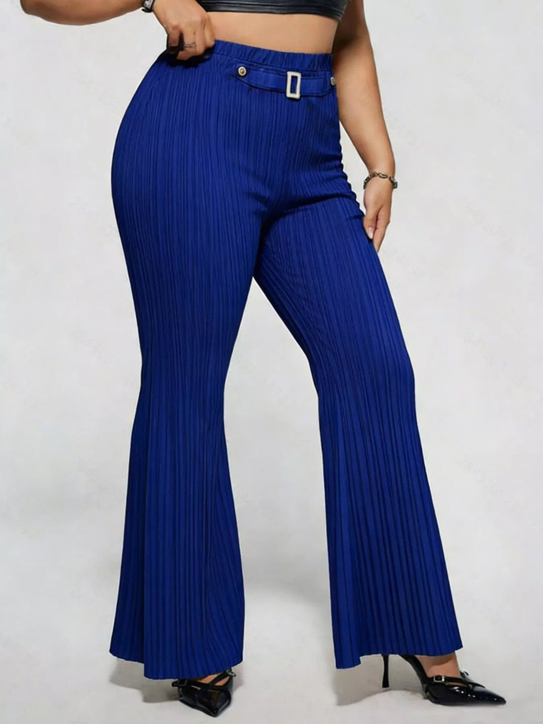 Royal Blue Plus size high-rise ribbed flare pants with buckle detail