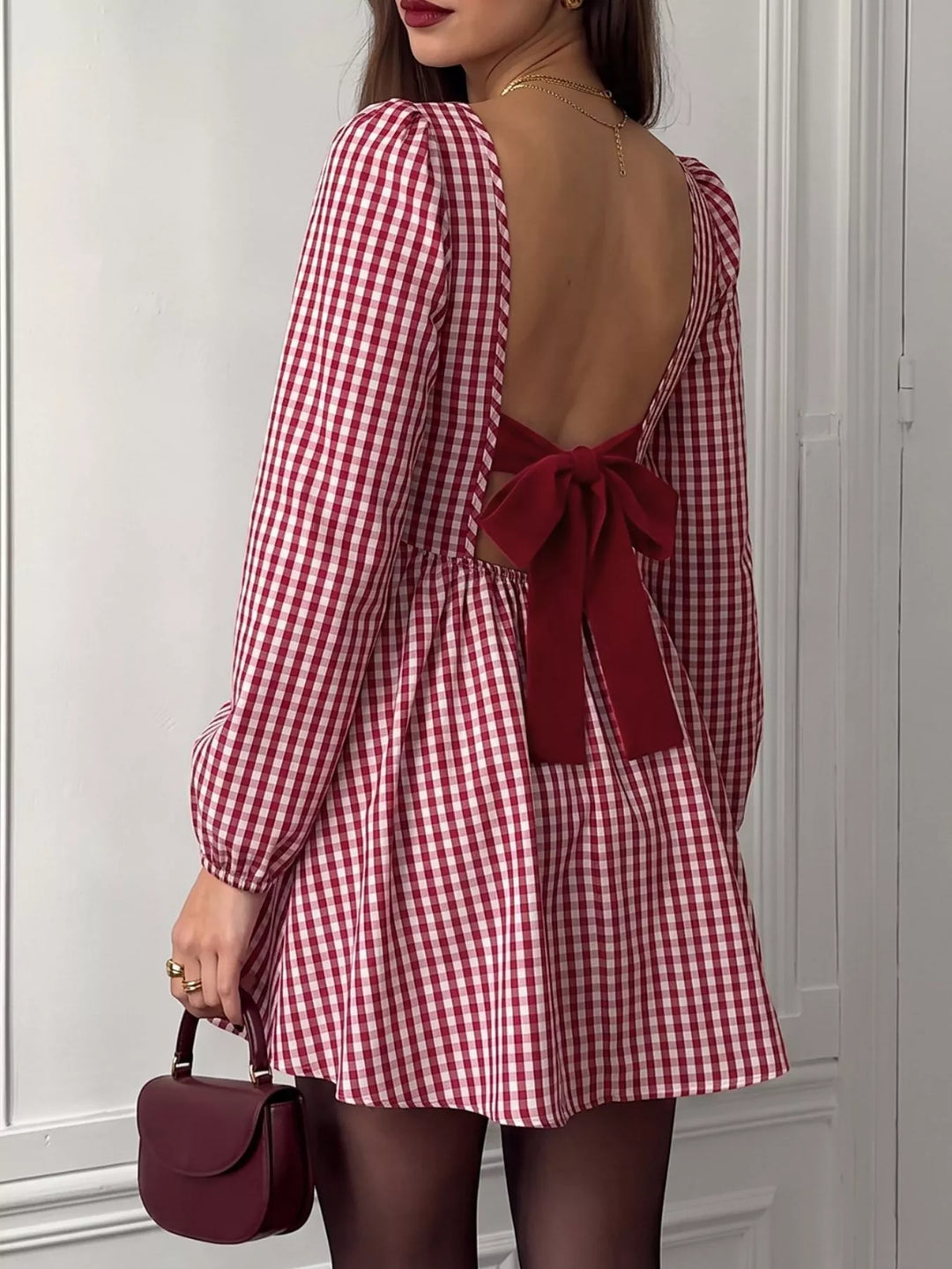 Red Backless gingham mini dress with bow tie and puff sleeves