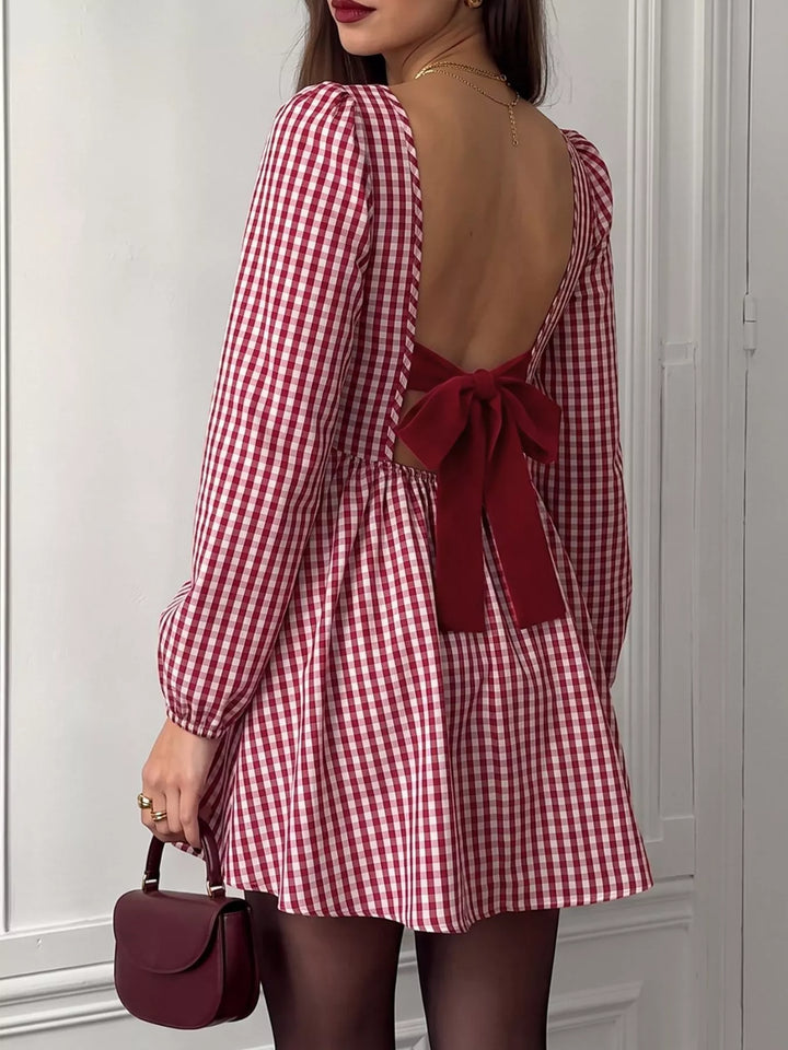 Red Backless gingham mini dress with bow tie and puff sleeves