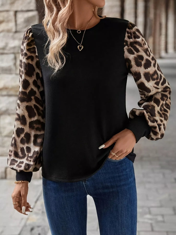Leopard print lantern sleeve round neck top