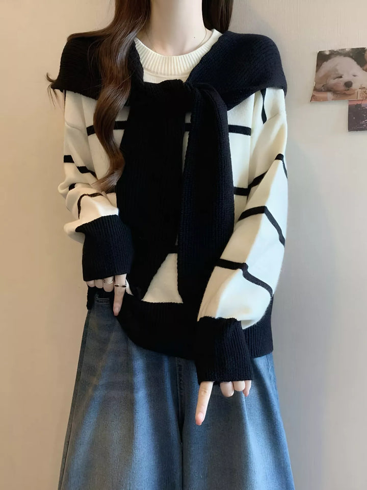 Striped tie-front round neck sweater with long sleeves