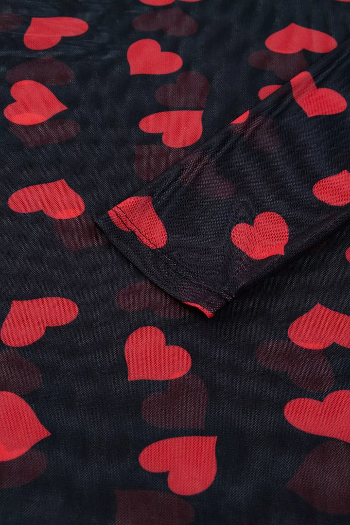 Heart print sheer mesh mock neck long sleeve crop top
