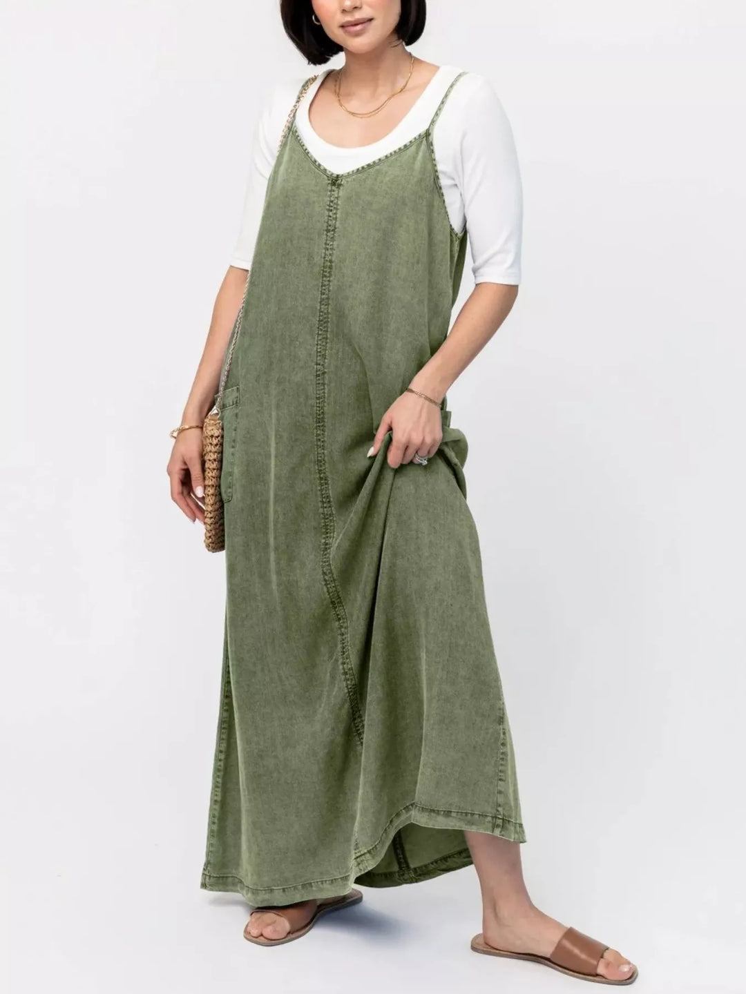 Moss Washed denim cami maxi dress with side pockets
