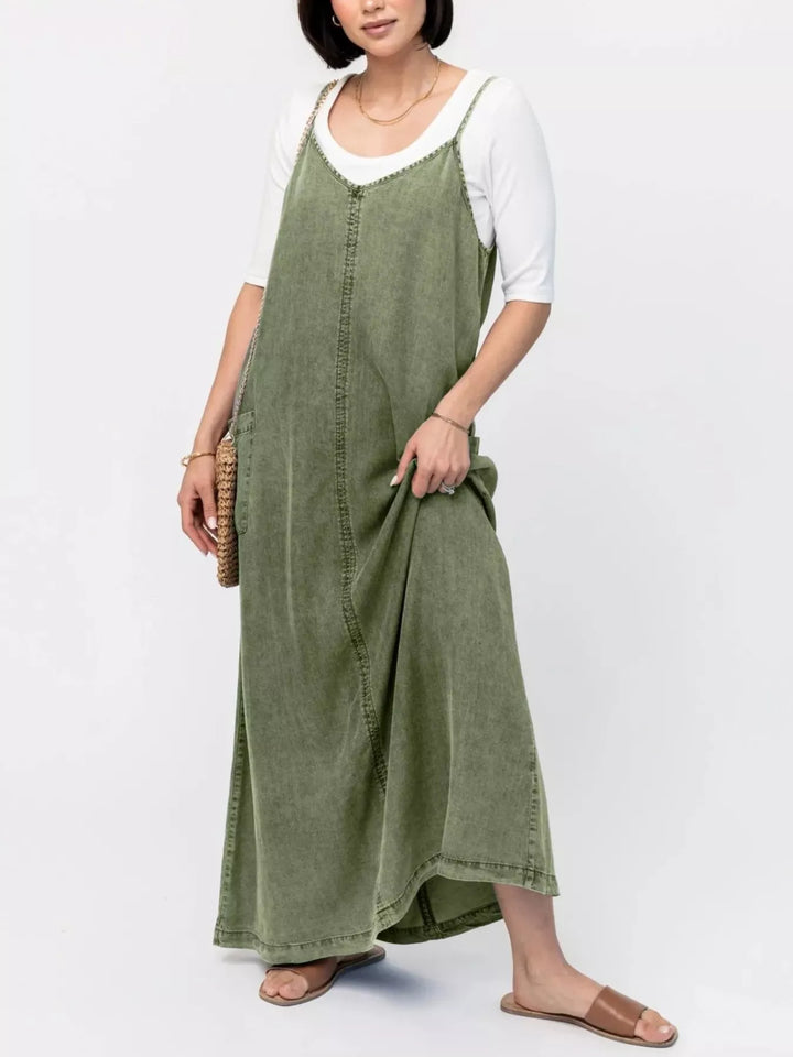 Moss Washed denim cami maxi dress with side pockets