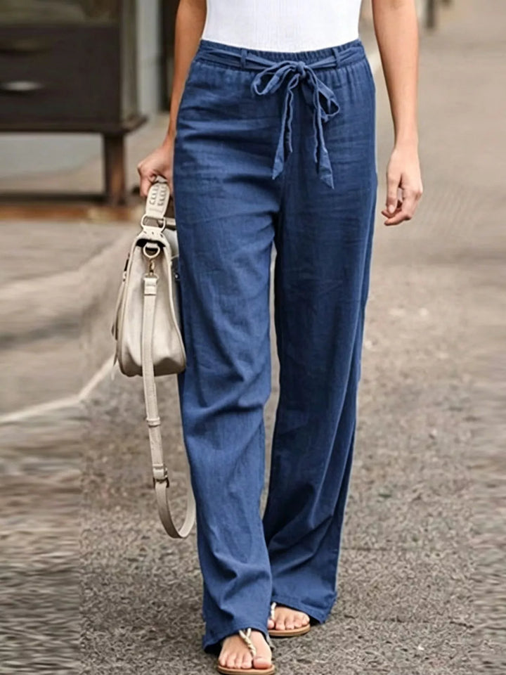 Blue Wide leg pull-on pants with drawstring tie waist