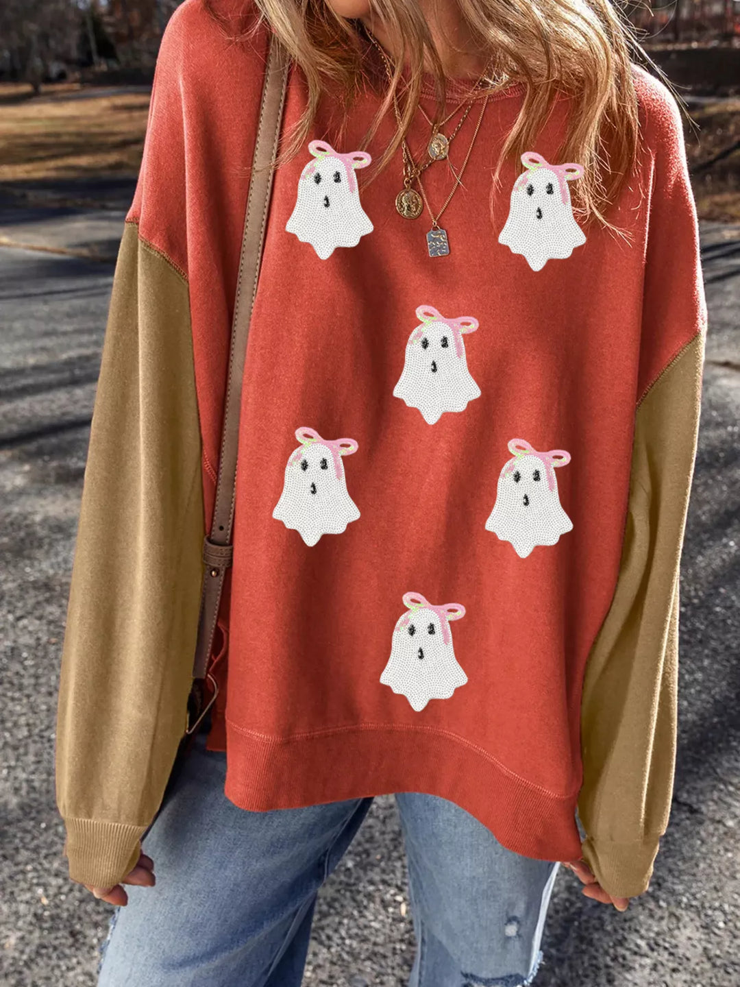 Orange Sequin ghost patch color block crewneck sweatshirt