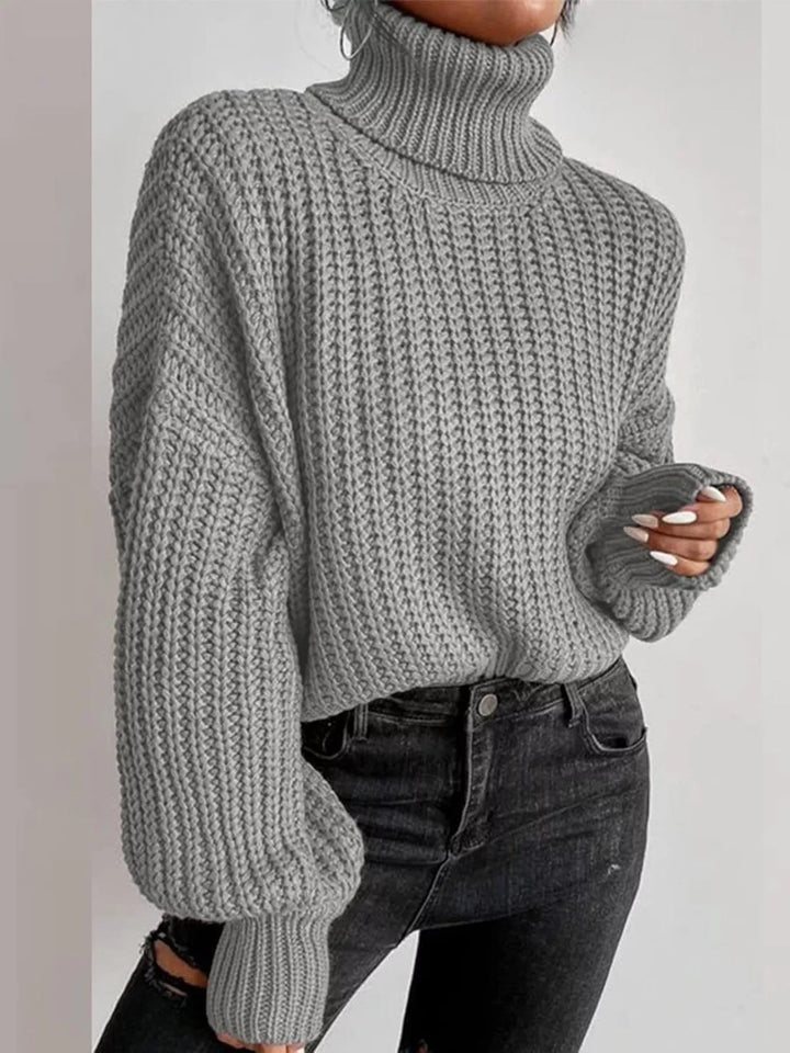 Gray Chunky waffle knit turtleneck sweater with balloon sleeves