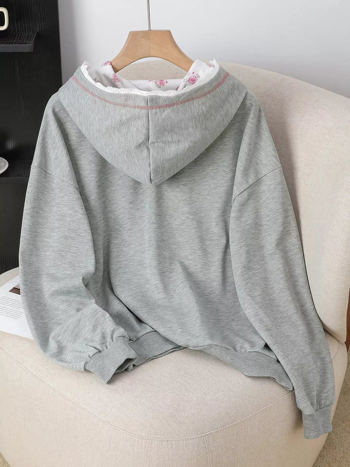 Bow embroidered hoodie with lace trim and front pocket