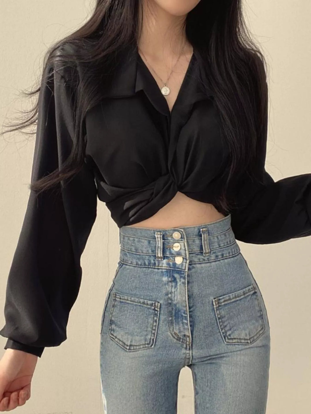 Black Twisted knot cropped shirt with long balloon sleeves