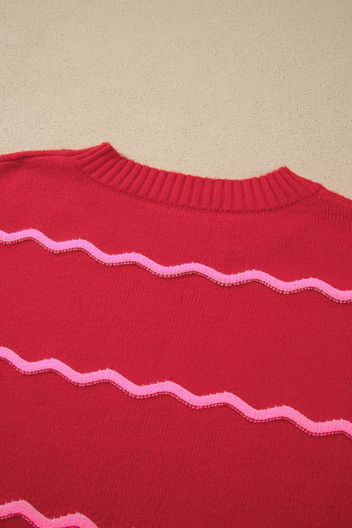 Wavy contrast stripe crew neck knit pullover sweater
