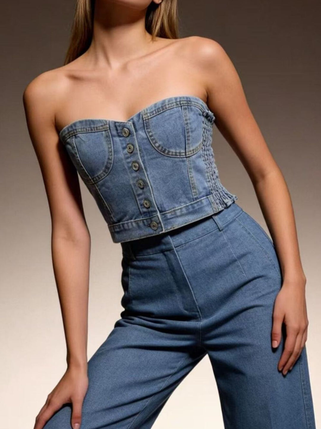 Button-front denim tube top with smocked sides