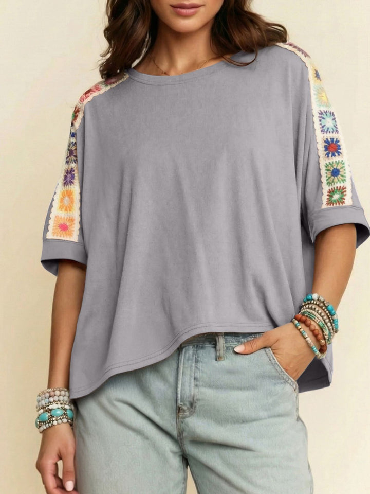 Gray Boxy short-sleeve tee with crochet granny-square trim