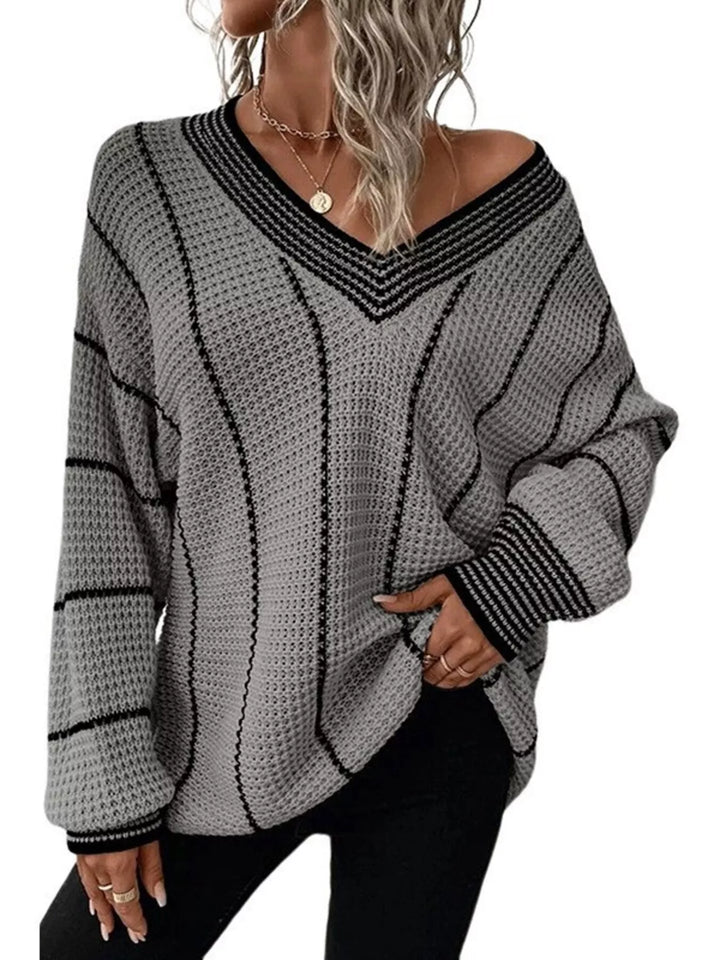 Waffle knit V-neck sweater with contrast stripe trim