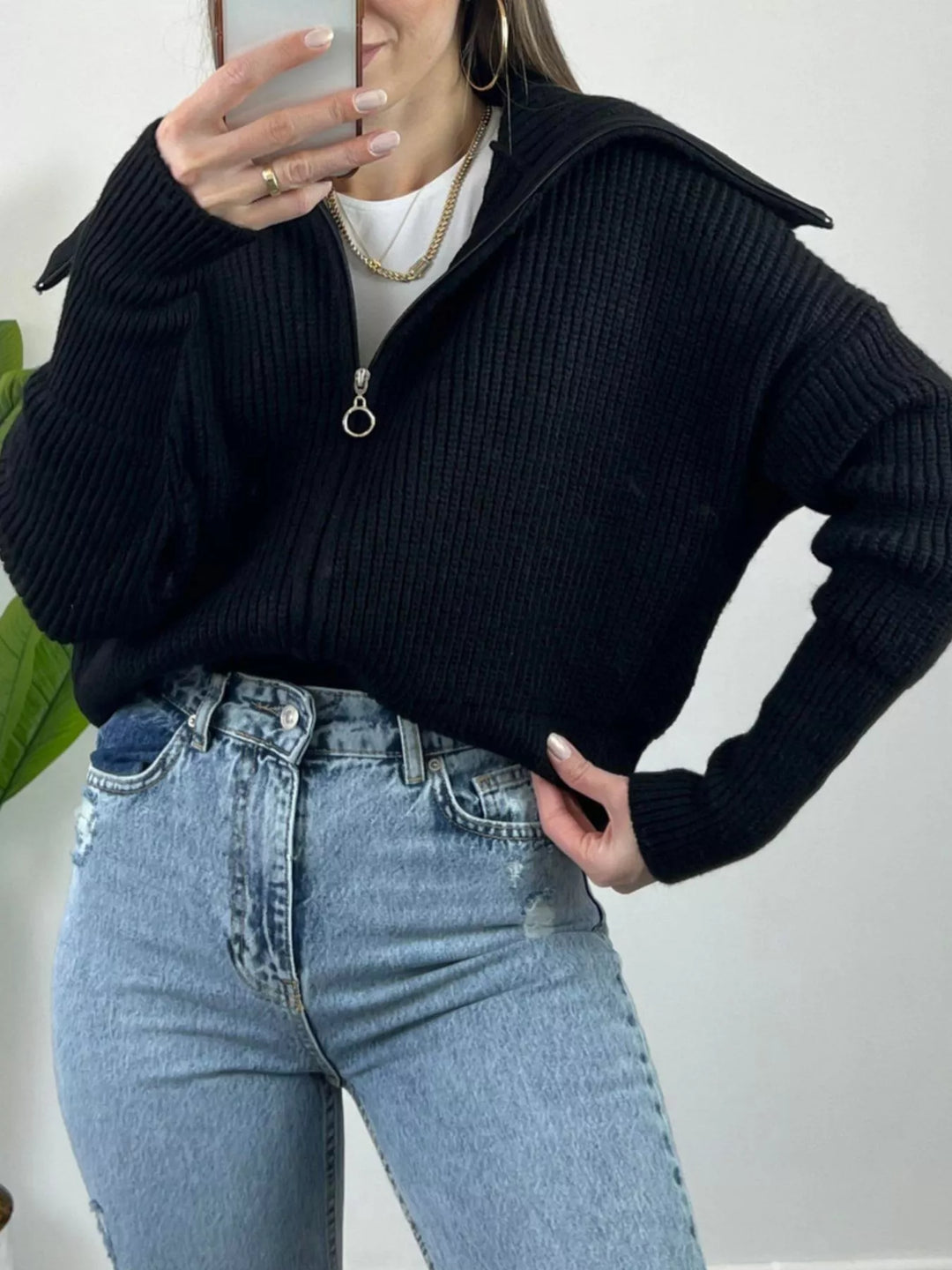 Black Chunky two-way zip sweater jacket with foldover collar