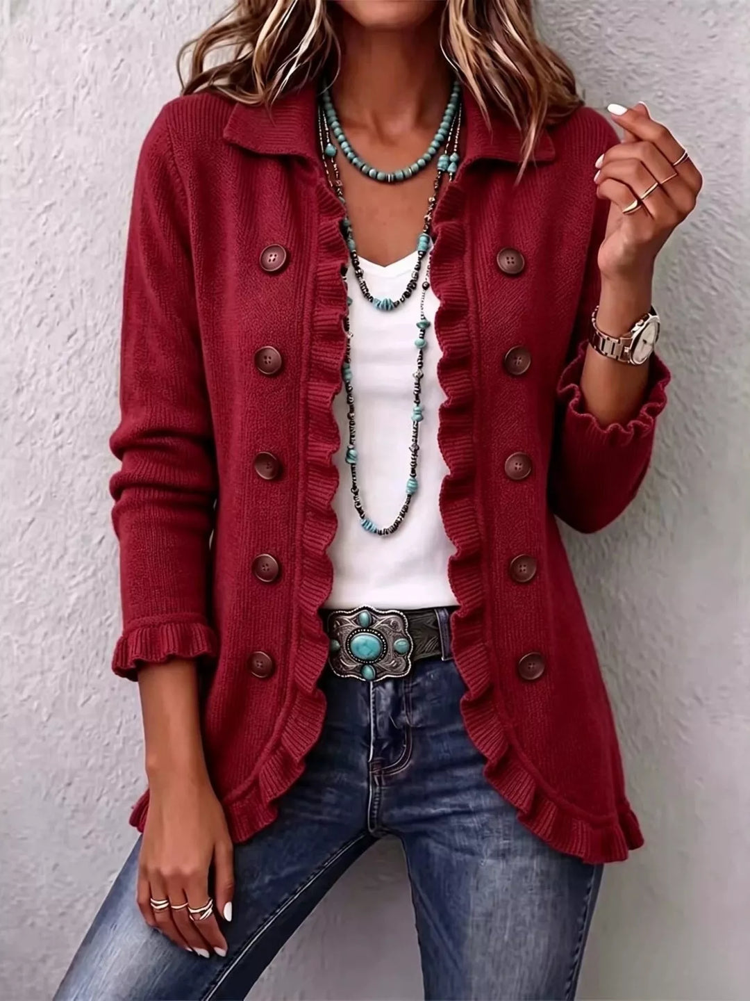 Red Ruffle trim knit cardigan with collar and decorative buttons