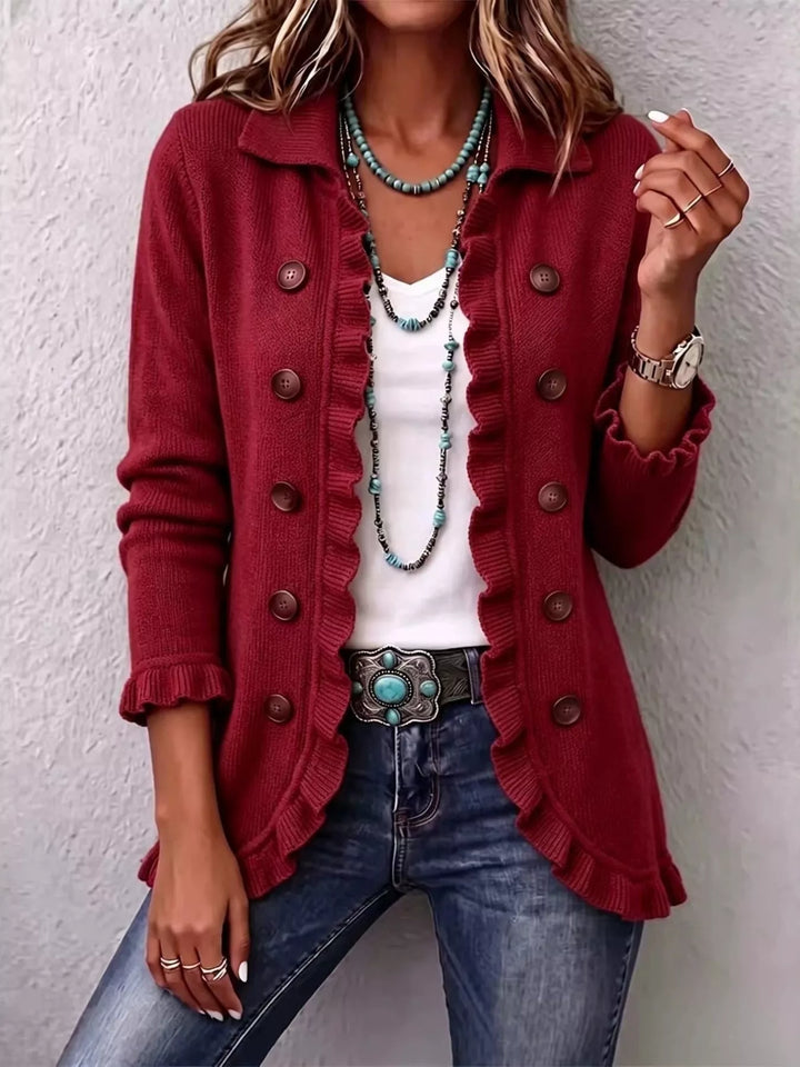 Red Ruffle trim knit cardigan with collar and decorative buttons