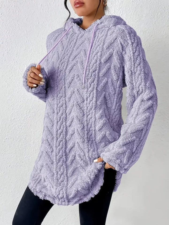 Purple Textured cable-knit fleece pullover hoodie with drawstring