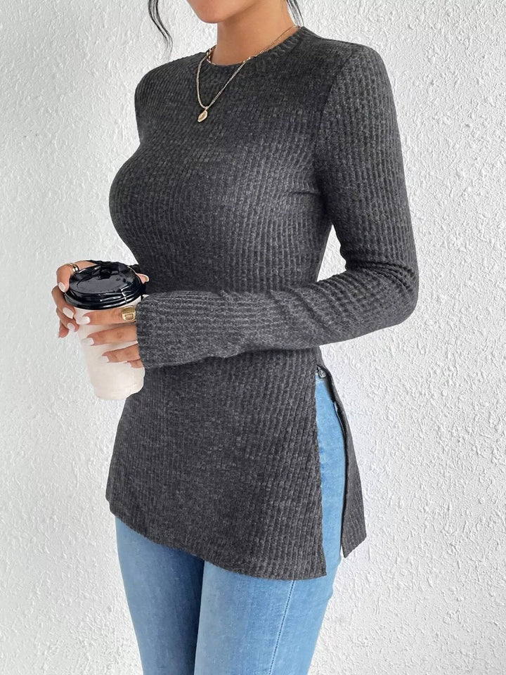 Slit-hem ribbed knit long sleeve top with crew neck