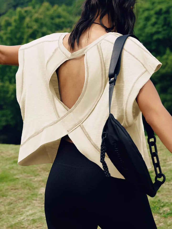 Cutout back boxy crew neck tee with exposed seams