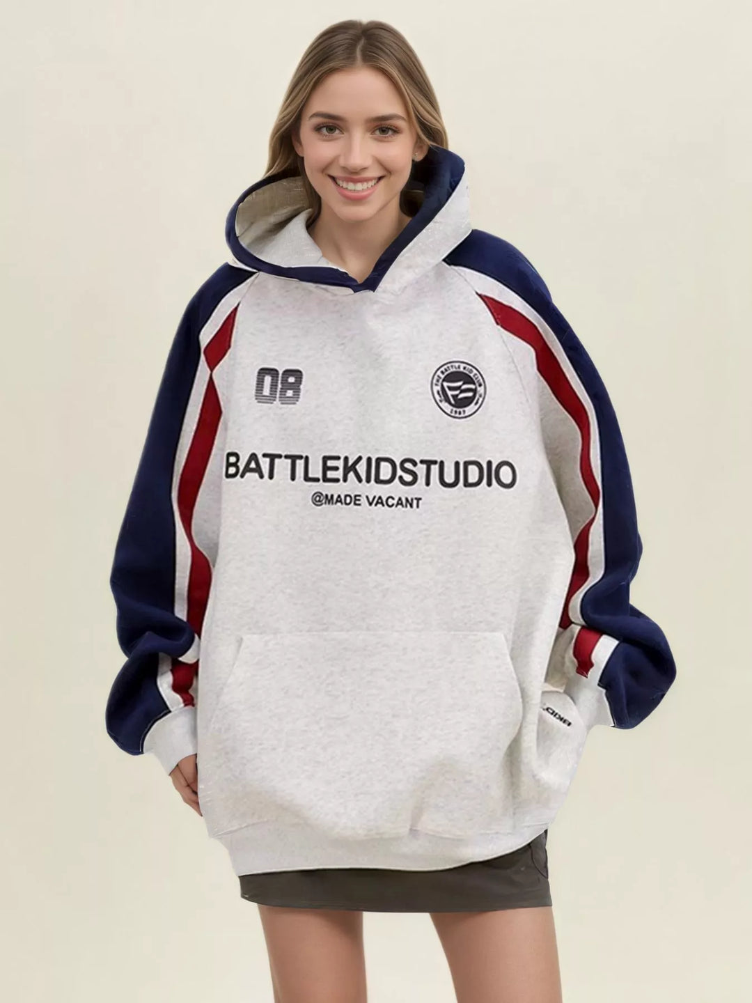 Gray Oversized color-block raglan hoodie with racing stripes