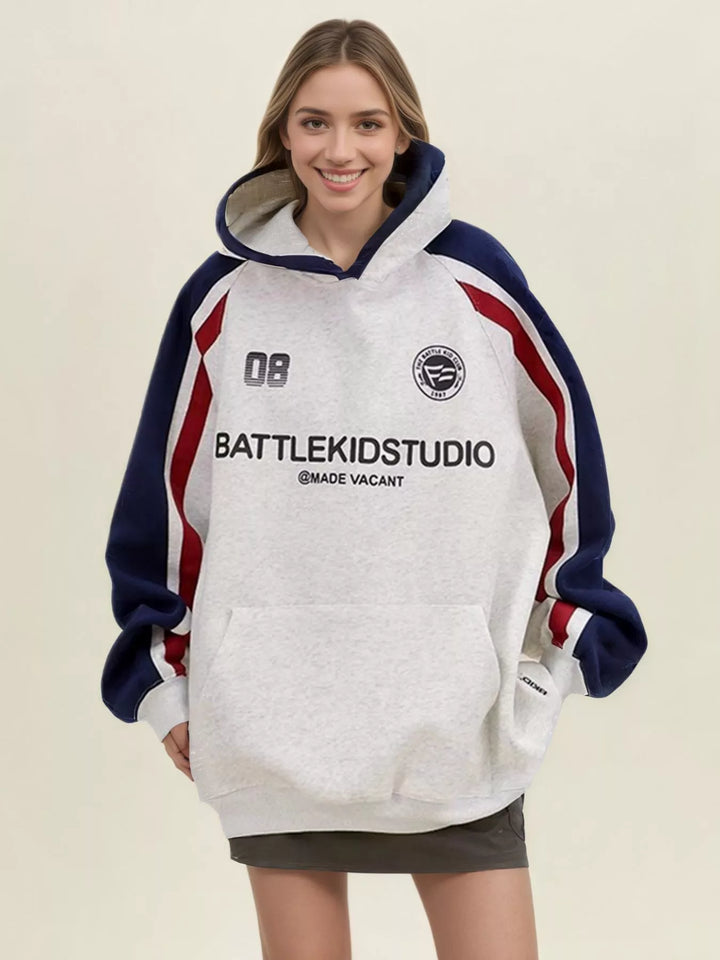 Gray Oversized color-block raglan hoodie with racing stripes