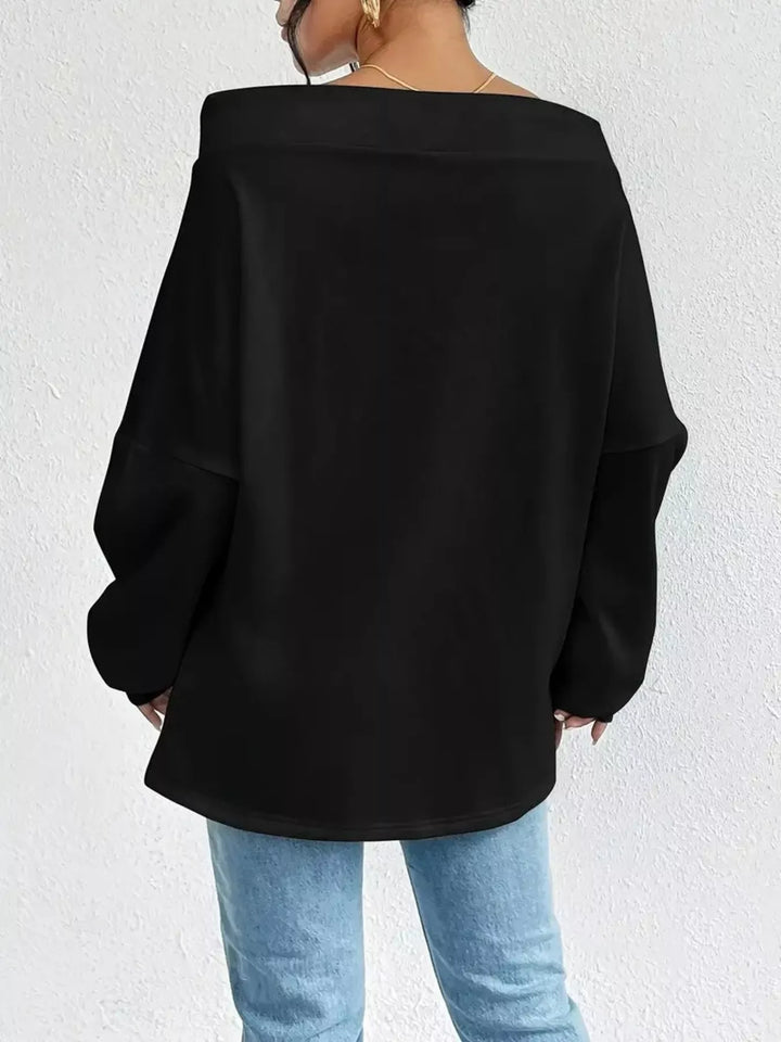 Off-shoulder drawstring sweatshirt with ribbed cuffs