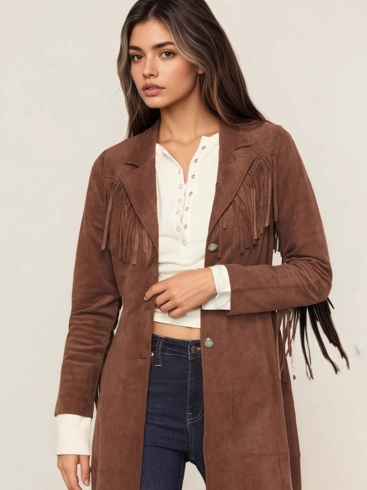 Fringe shoulder faux suede western duster coat