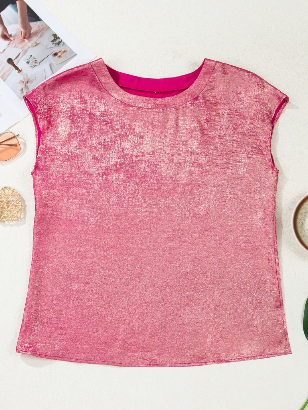 Metallic shimmer round-neck cap sleeve tee