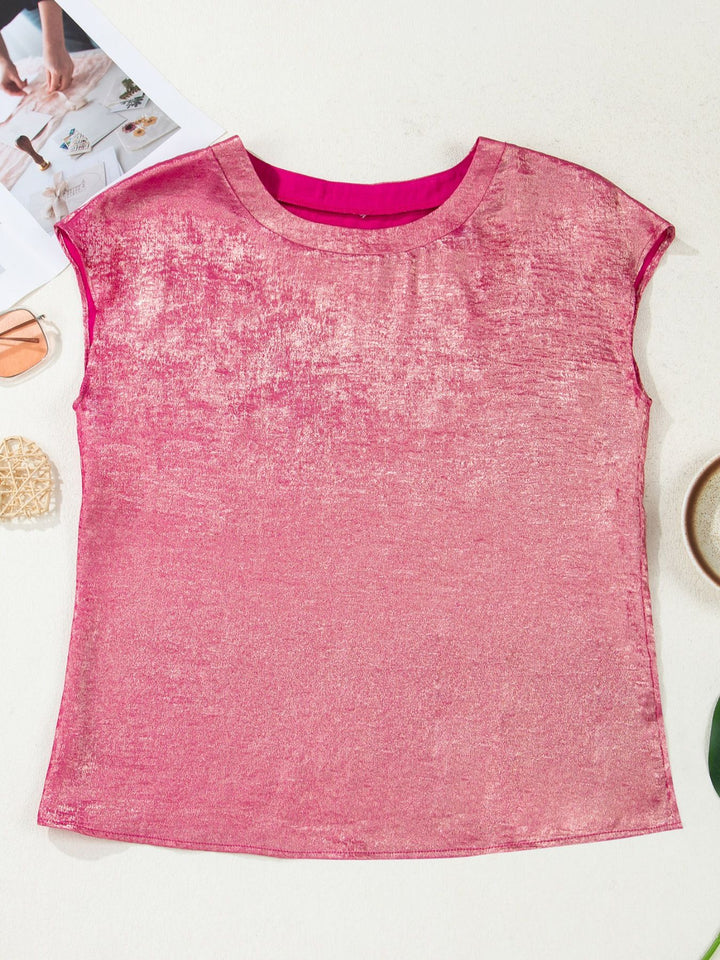 Metallic shimmer round-neck cap sleeve tee