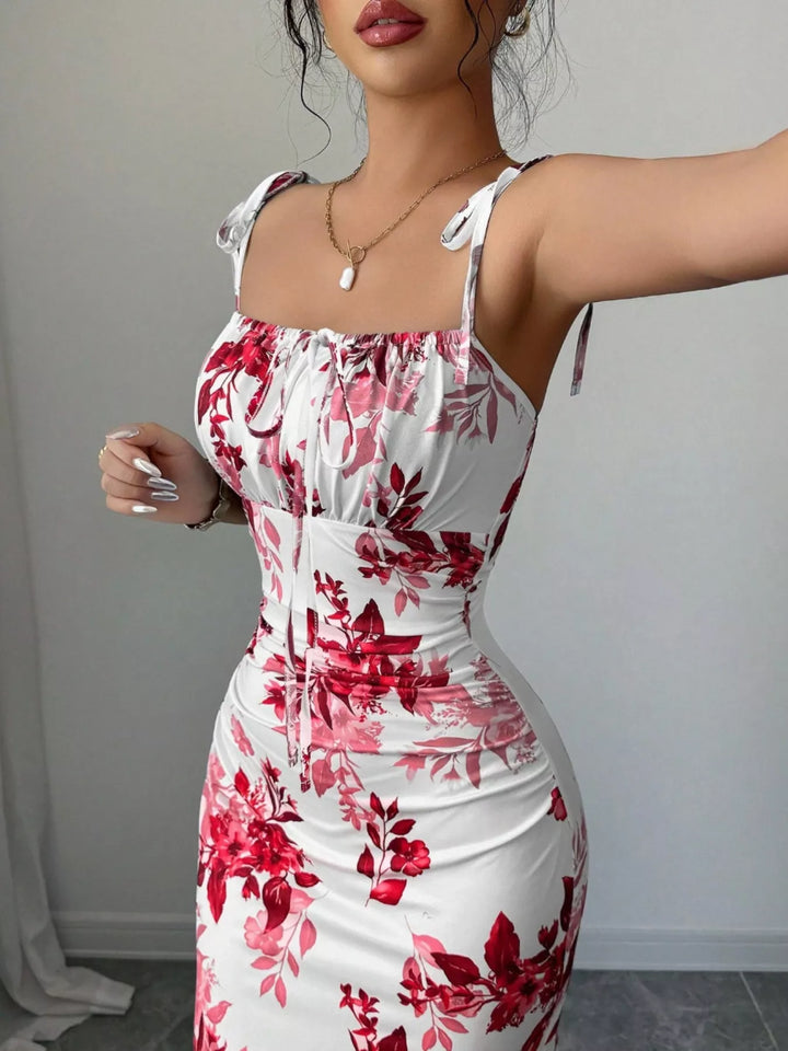 Floral print tie-strap maxi dress with side slit