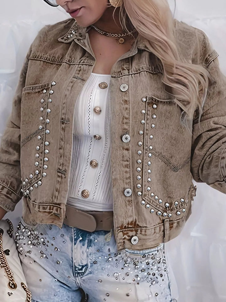 Studded cropped denim jacket with button front