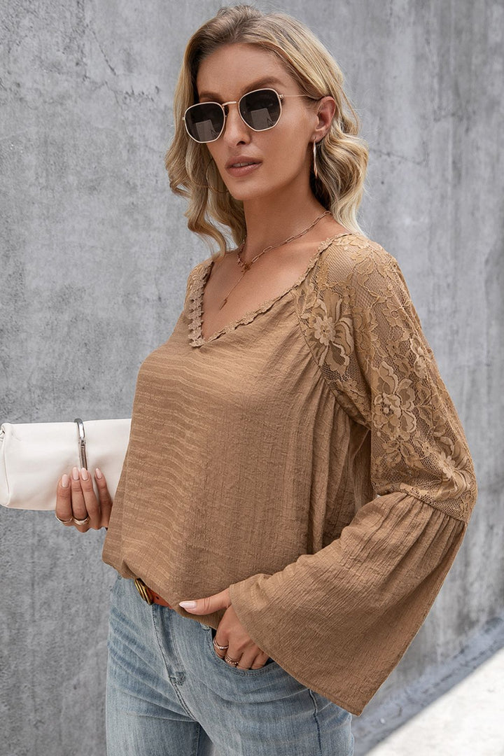 Floral lace panel V-neck bell sleeve top