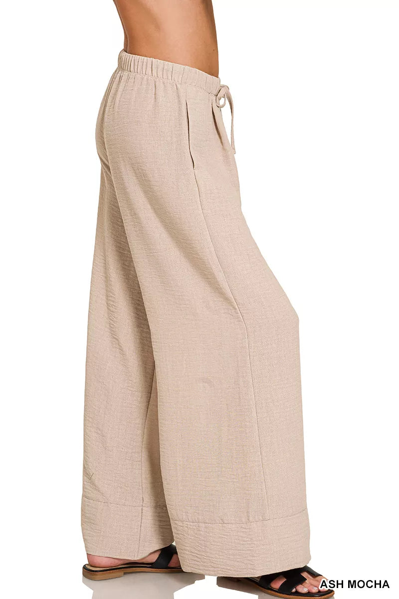 Wide-leg woven drawstring pants with side pockets