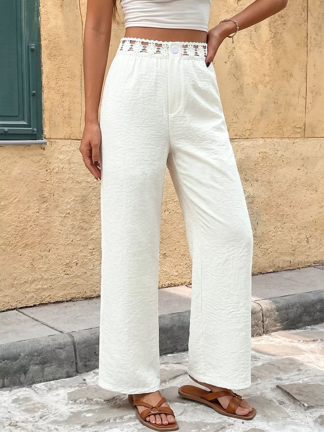 High-rise wide leg pants with crochet trim waist