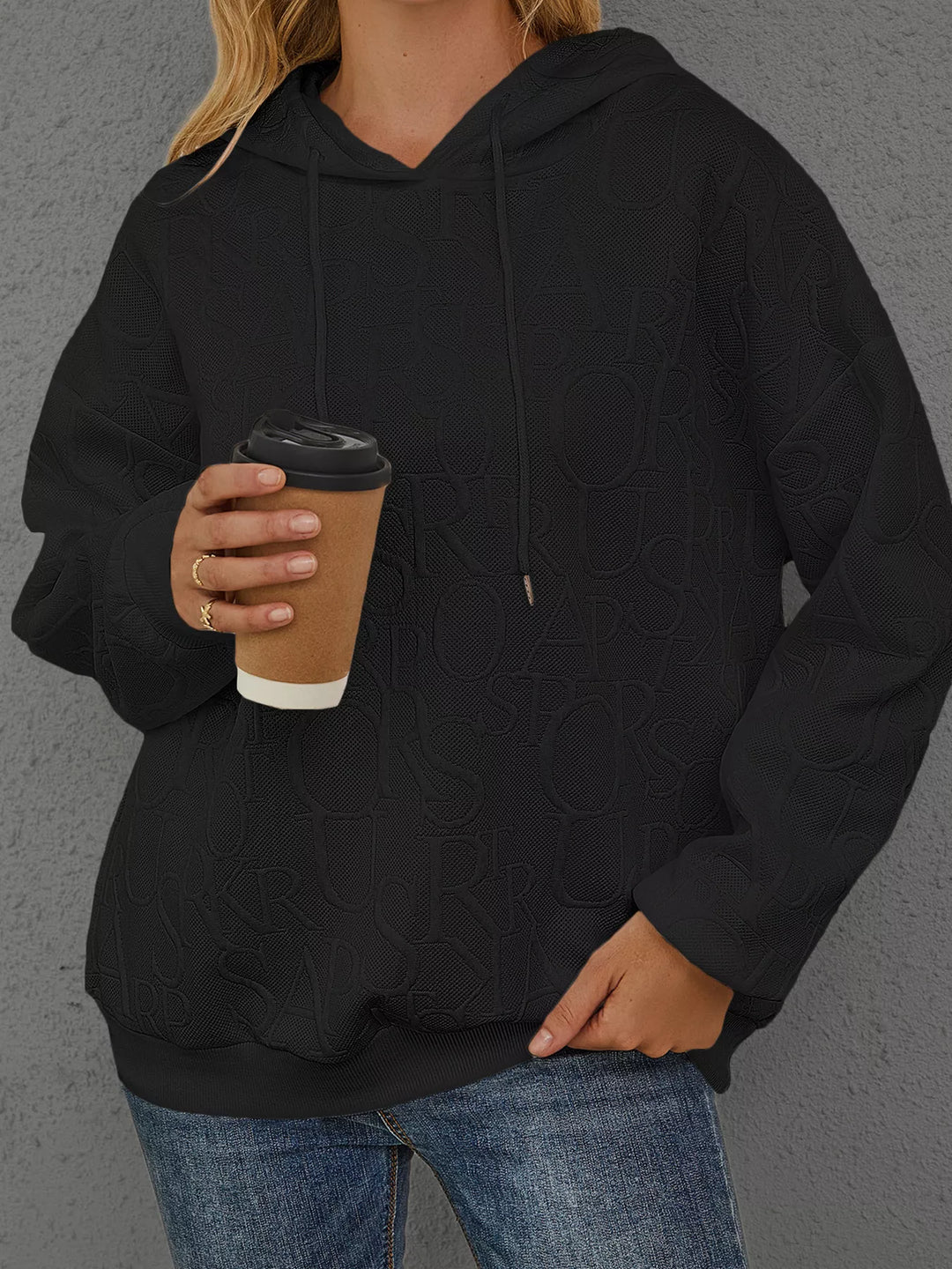 Embossed lettering drawstring pullover hoodie