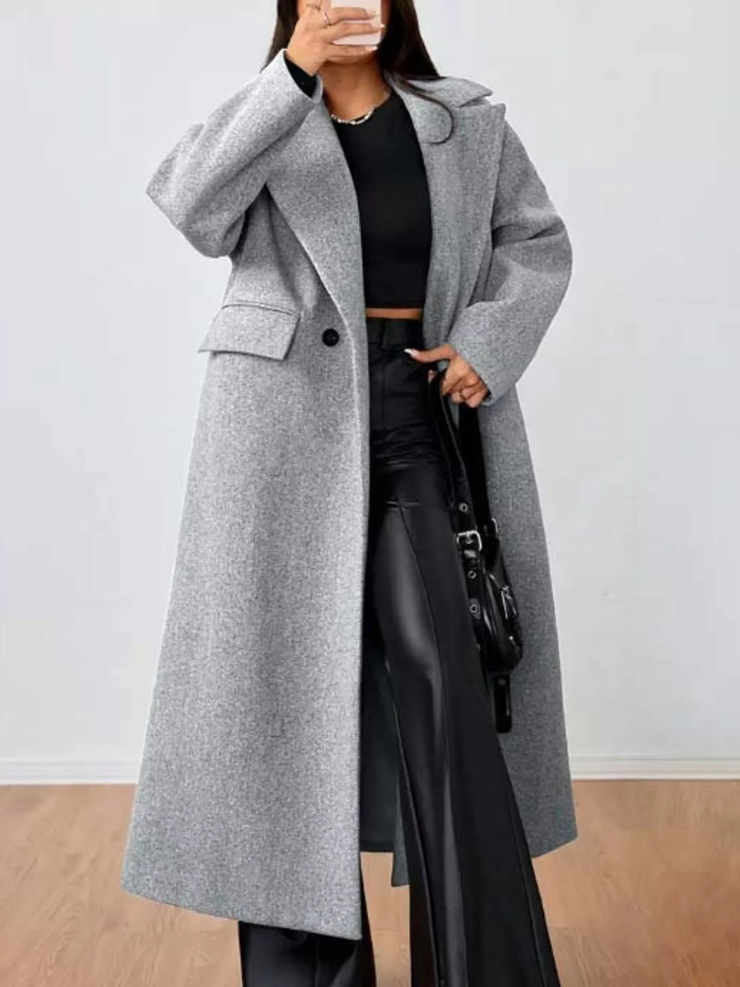 Gray Notch lapel longline overcoat with flap pockets