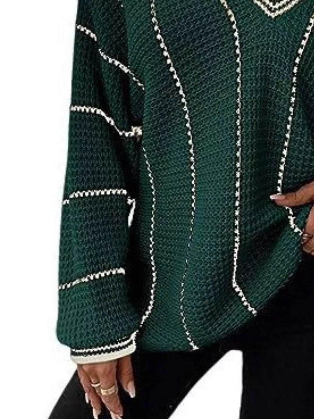Waffle knit V-neck sweater with contrast stripe trim