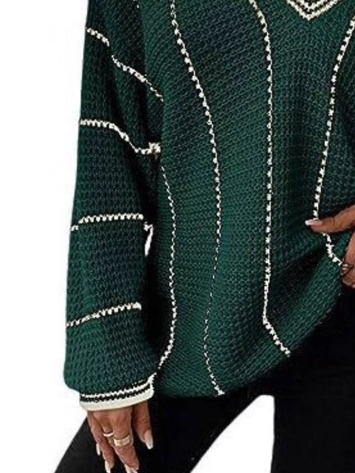 Waffle knit V-neck sweater with contrast stripe trim
