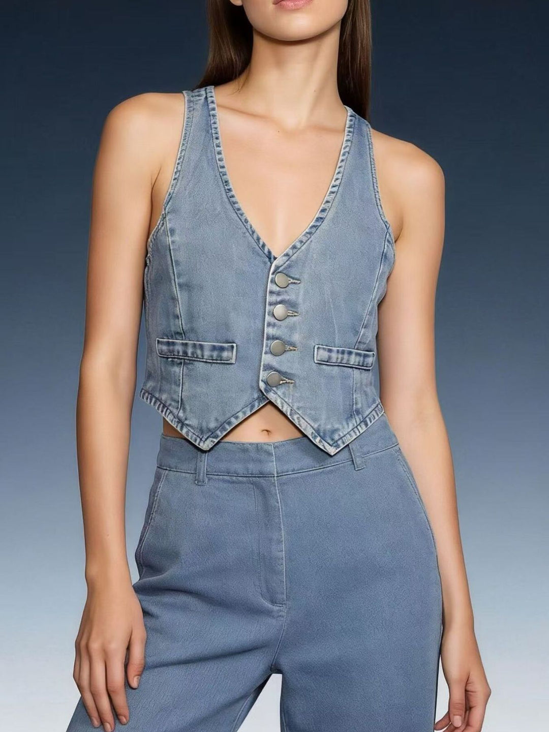 Light Blue Cropped button-front denim vest with V-neck
