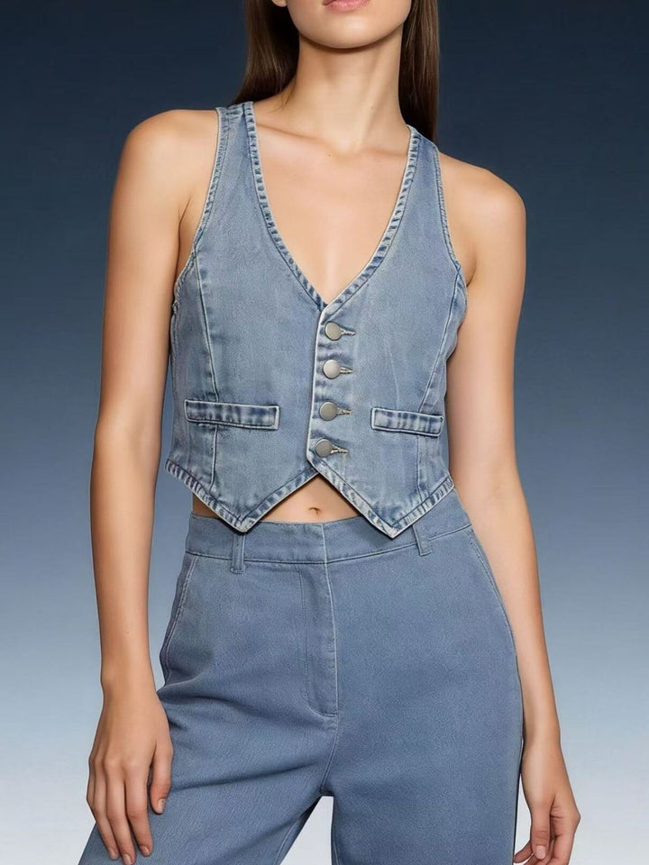 Light Blue Cropped button-front denim vest with V-neck