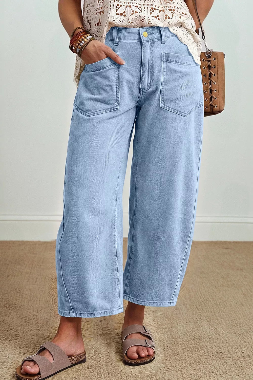 High-rise patch pocket wide leg cropped jeans - Light Blue